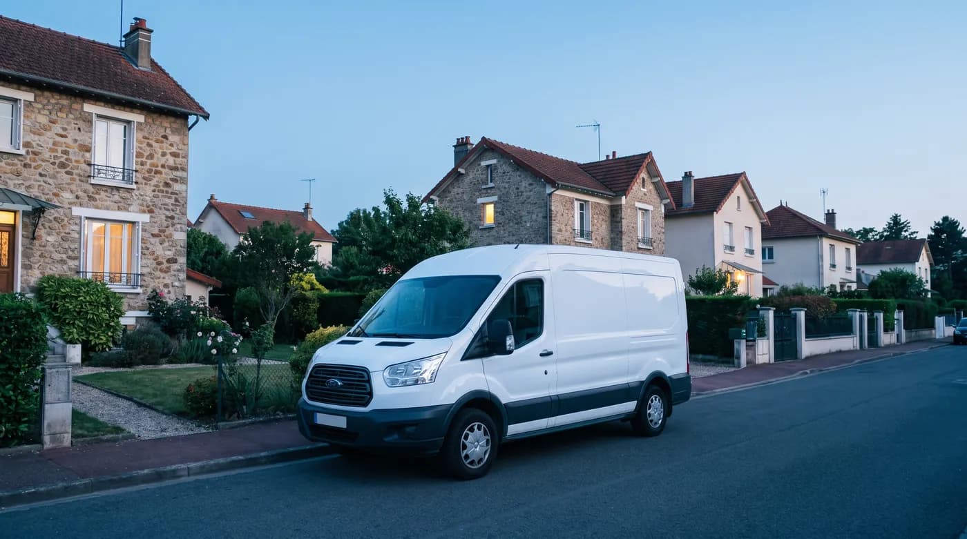 Fourgon d'une entreprise de travaux garé dans une rue résidentielle, illustrant la présence locale