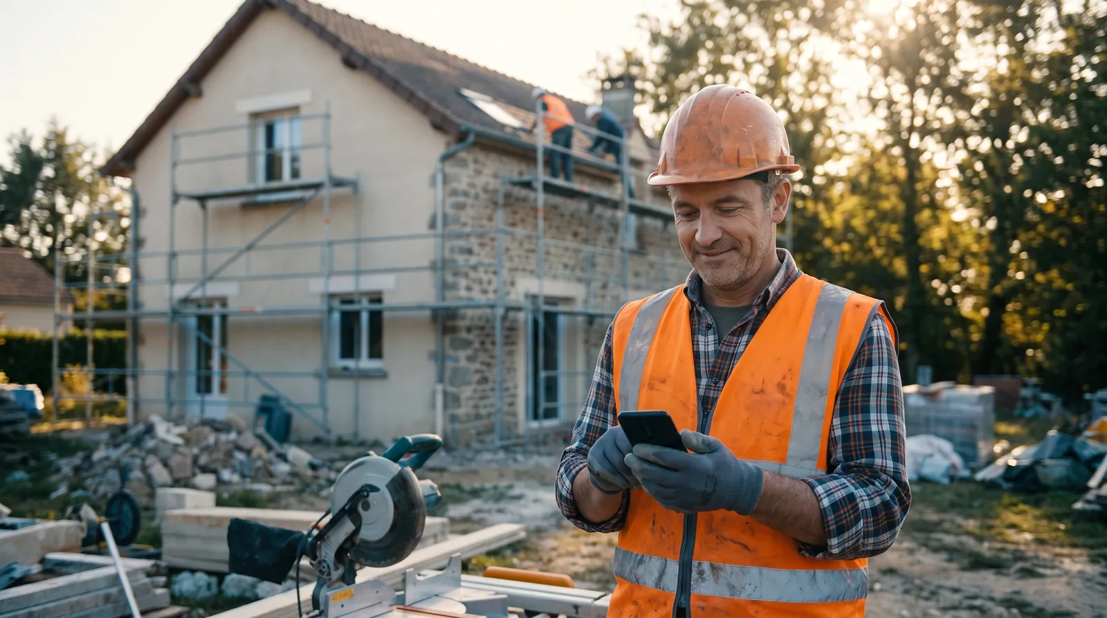 Chef d'entreprise du bâtiment sur un chantier consultant des demandes de clients sur son smartphone — trouver des clients artisan